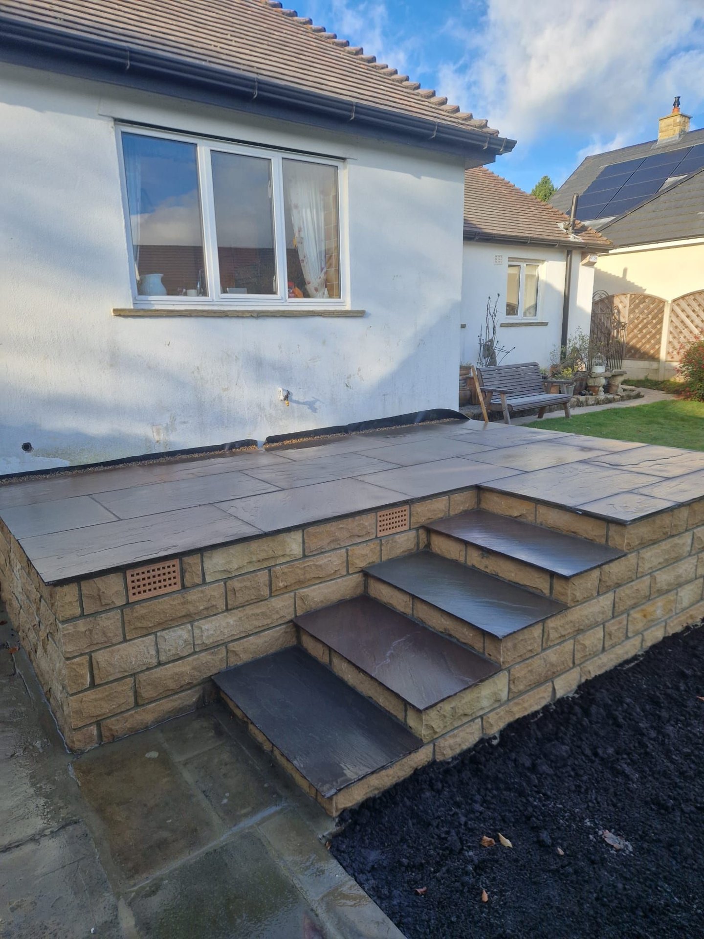 Raj Blend Indian stone with 140mm coursed Yorkshire stone walls in Bramhope