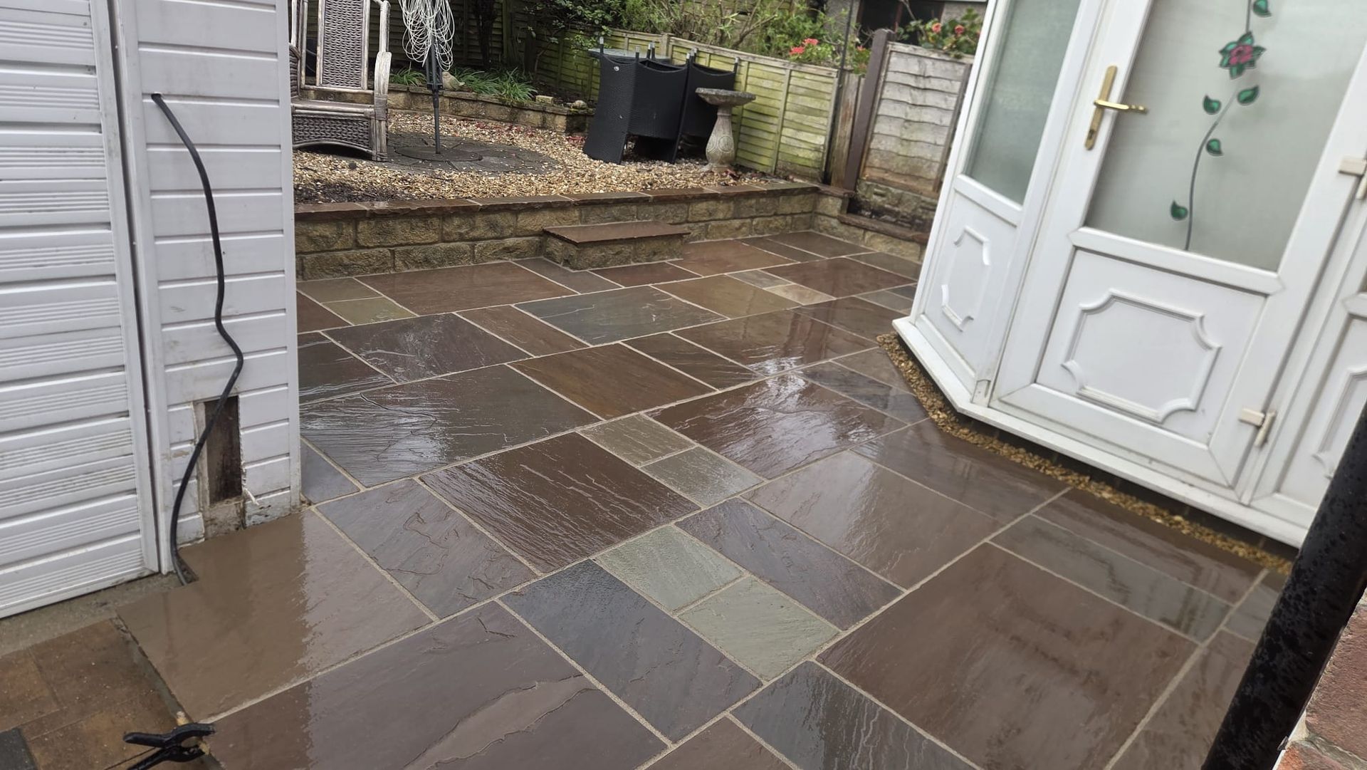 Raj Blend Indian stone paving with new wall and steps in Guiseley