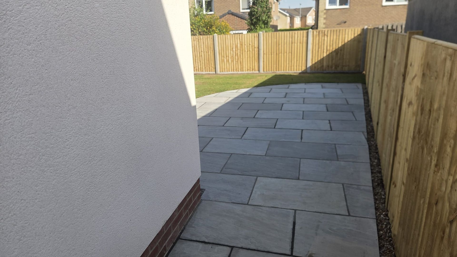 Completed patio, timber fencing and new lawn in Burley in Wharfedale