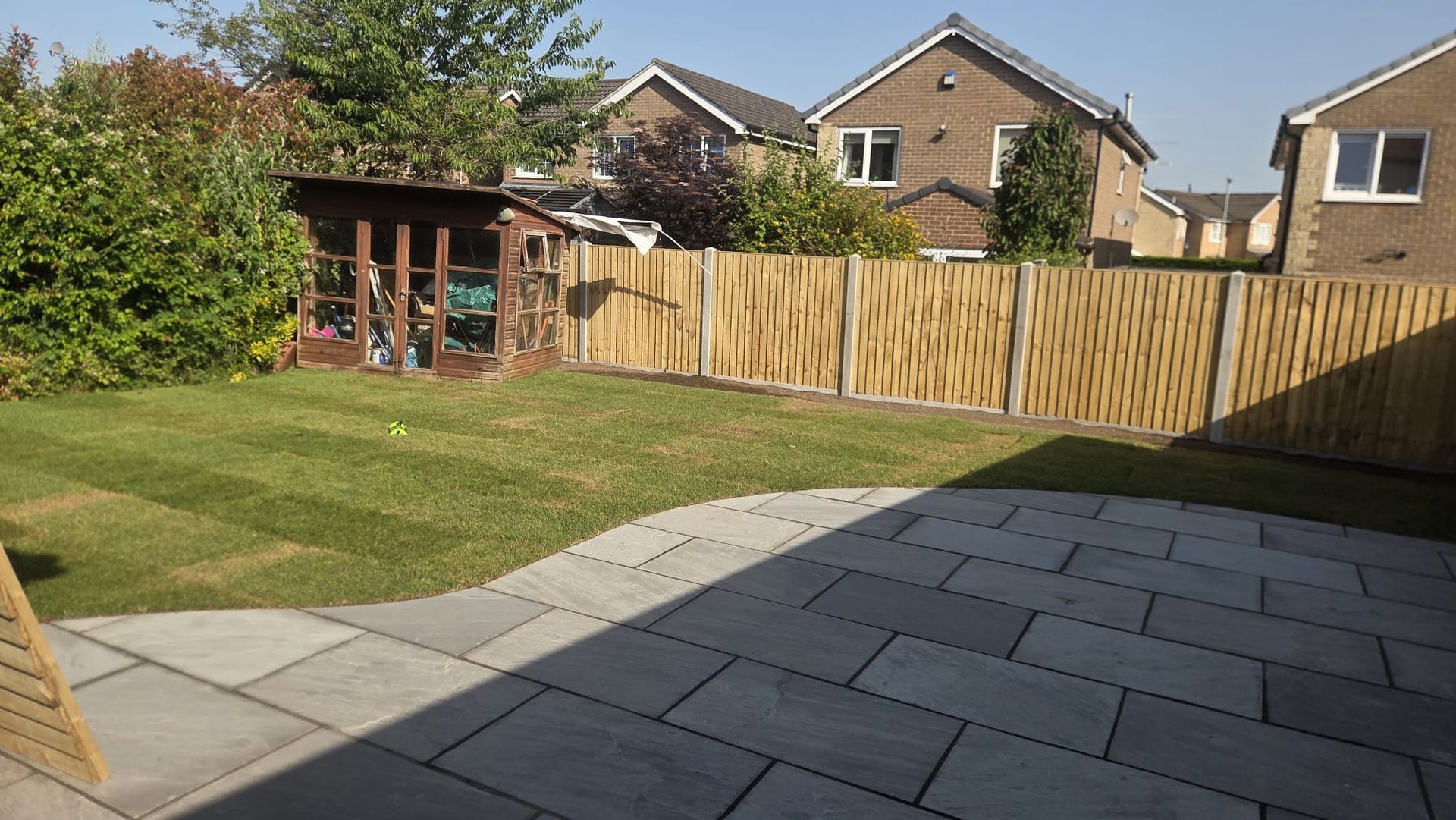Completed patio, timber fencing and new lawn in Burley in Wharfedale