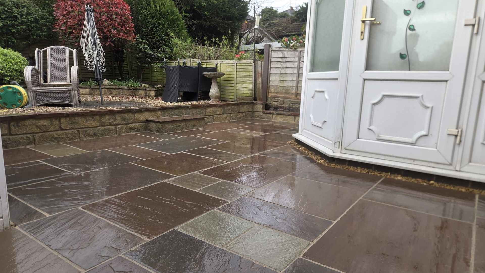 Raj Blend Indian stone paving with new wall and steps in Guiseley