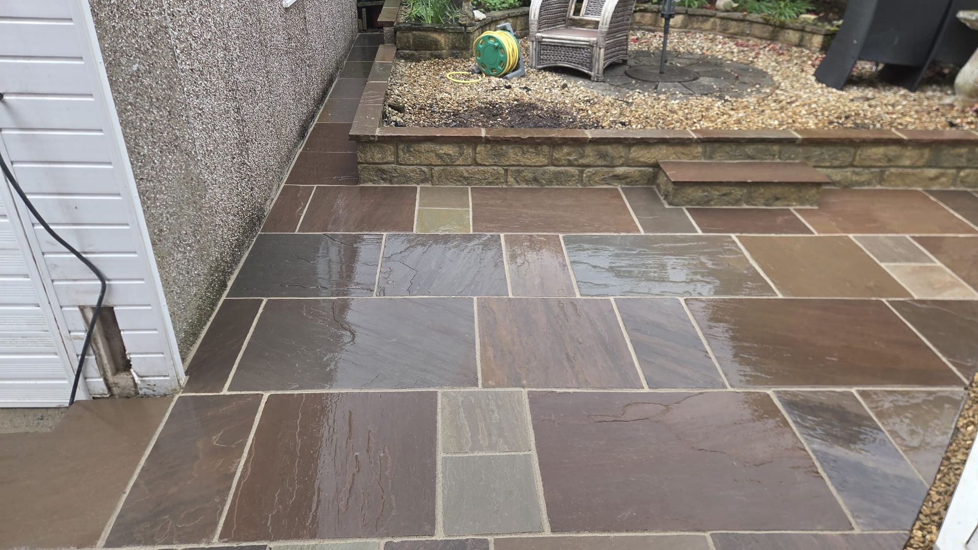Raj Blend Indian stone paving with new wall and steps in Guiseley