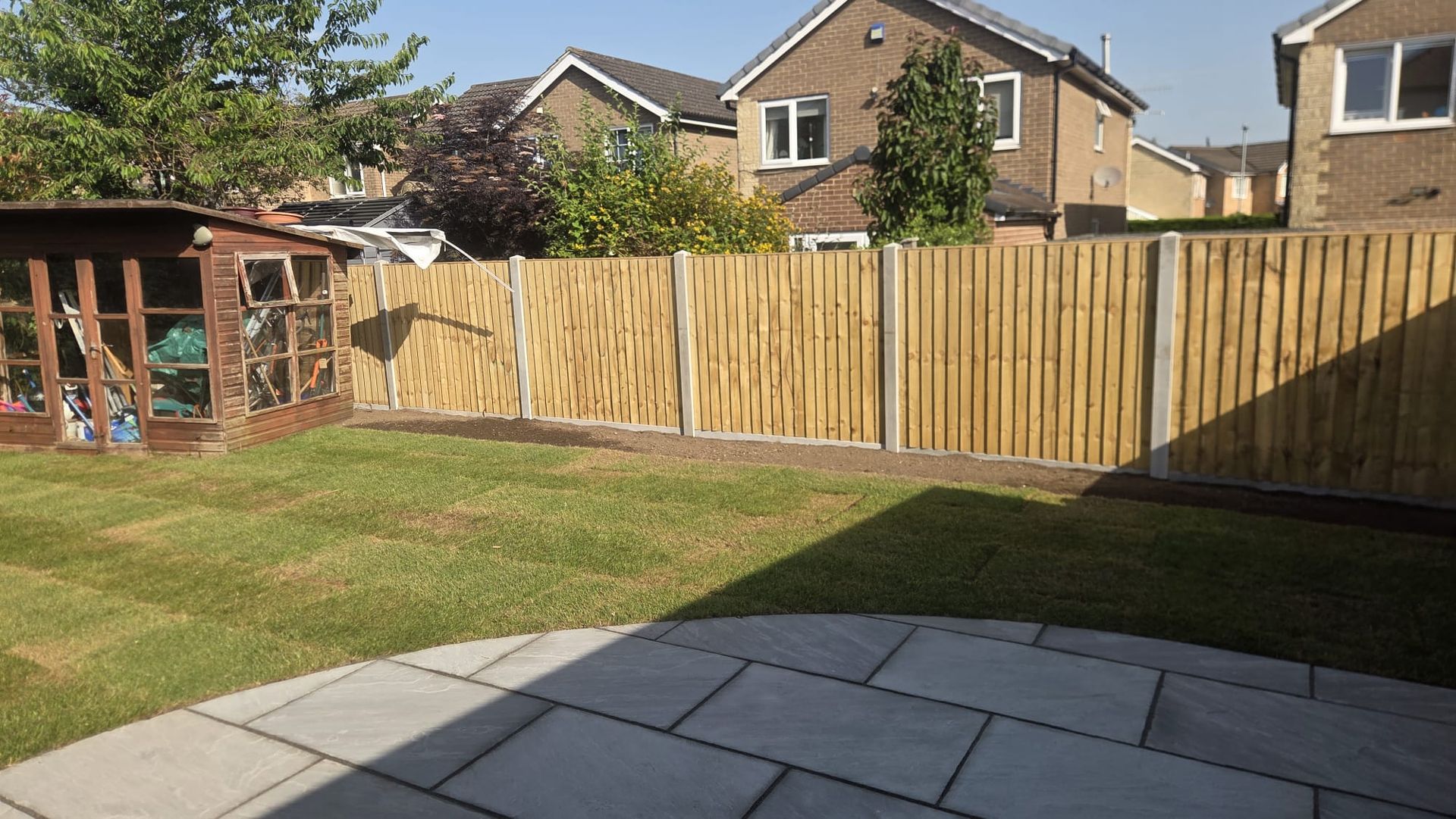 Completed patio, timber fencing and new lawn in Burley in Wharfedale