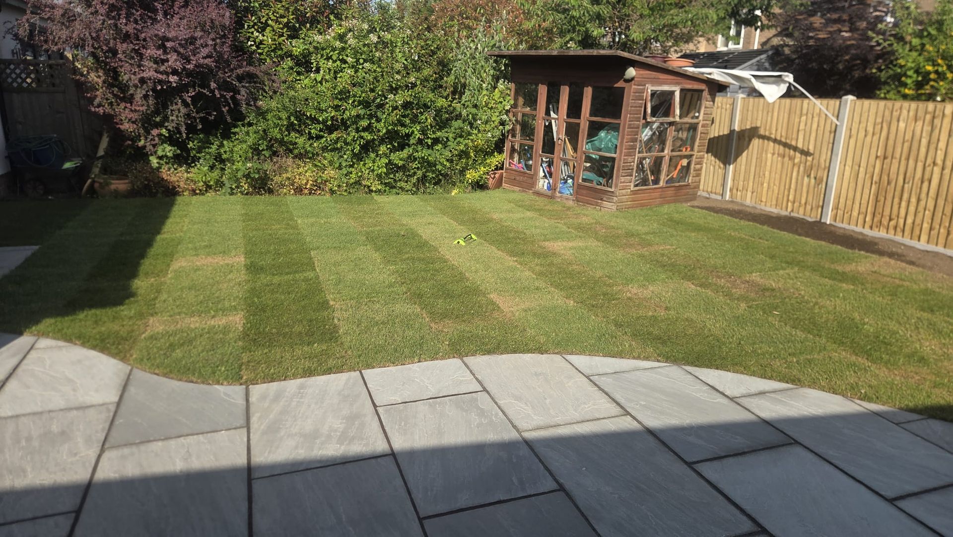 Completed patio, timber fencing and new lawn in Burley in Wharfedale